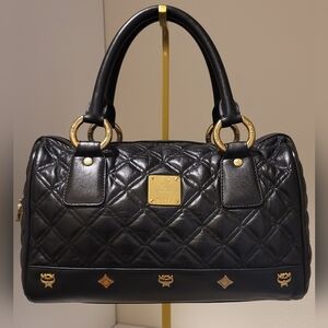 Vintage Pre-loved MCM Visetos Leather Quilted Boston HandBag Purse Black & Gold